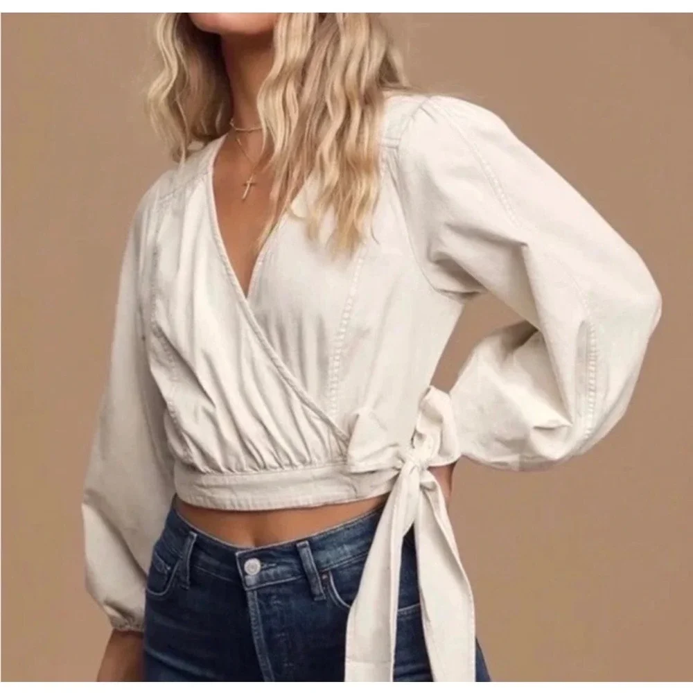 Free People Women's XS Sophie Cream Cotton Denim Puff Sleeve Wrap Crop Top Boho
